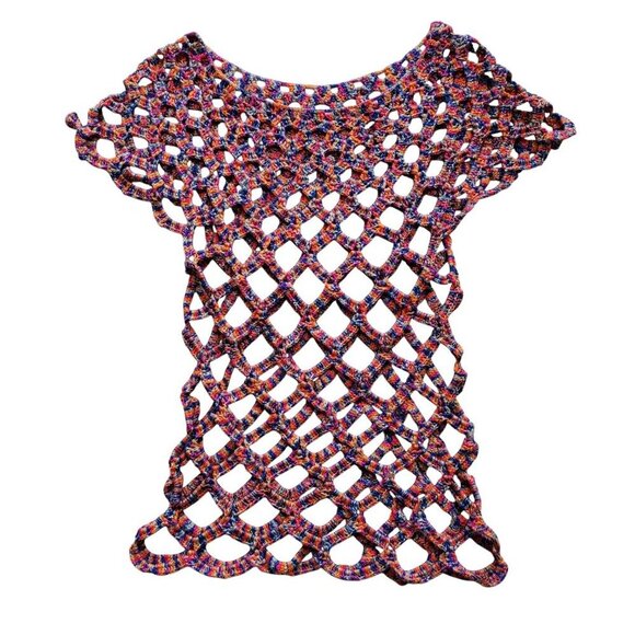 Crocheted Multicolor Chain Mail Open Weave Gold Metallic Threads Tunic Top S - Picture 8 of 14